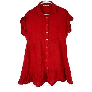 Zara Womens Small Red Tiered Button-Down Dress With Ruffle Sleeves 100% Linen